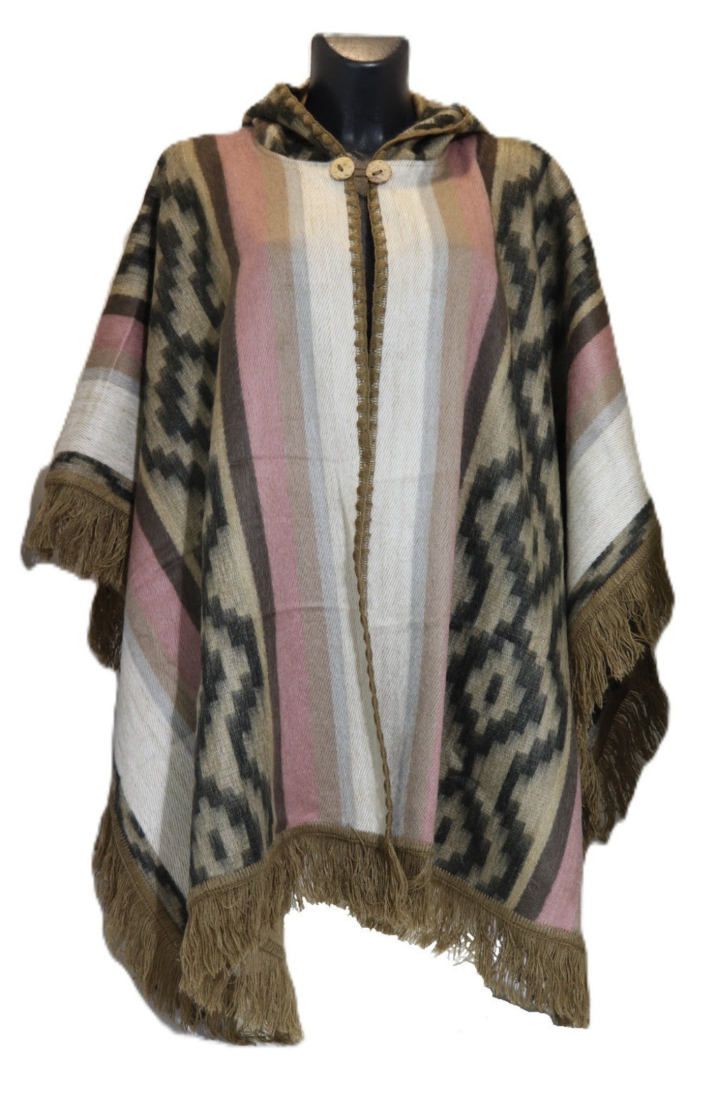Poncho ouvert avec capuche chakana - rose-blanc