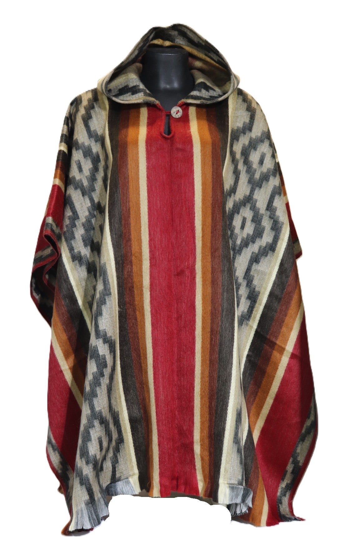 Poncho cerrado con capucha rojo laterales geometrico