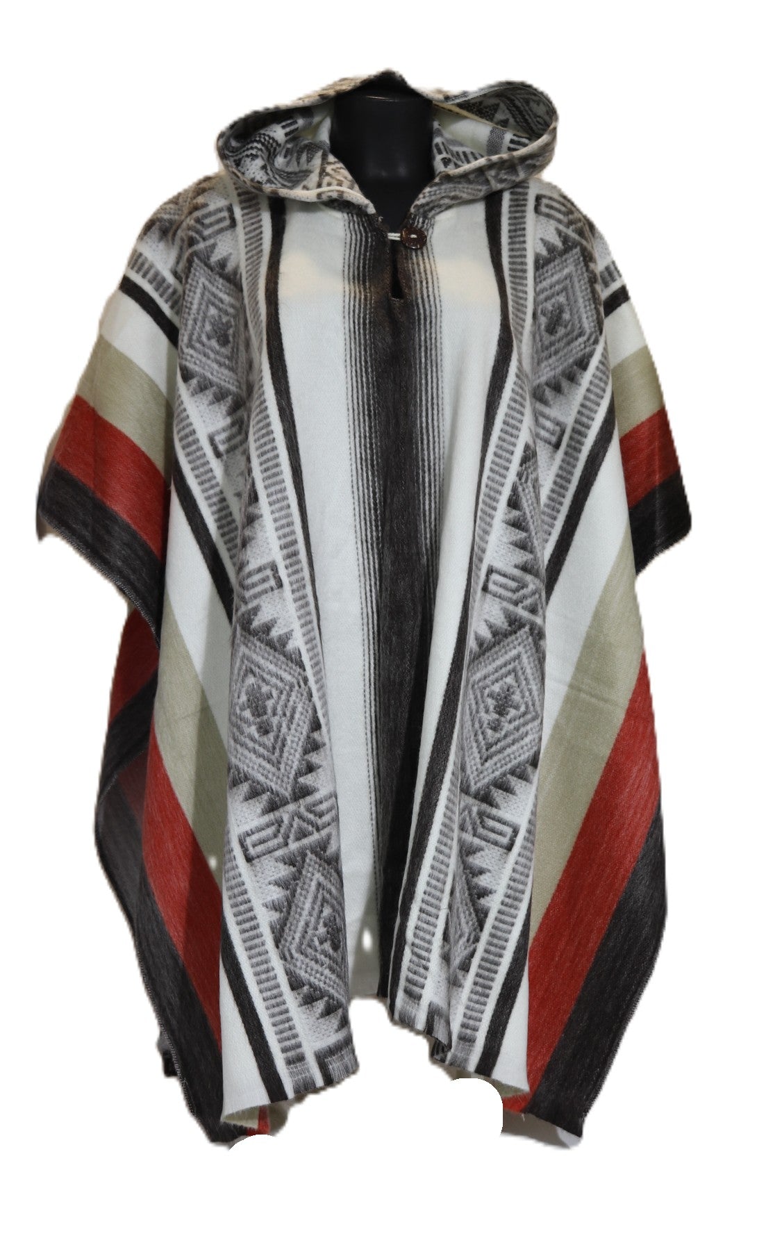 Poncho cerrado con capucha diseño geométrico marron-blanco-camel