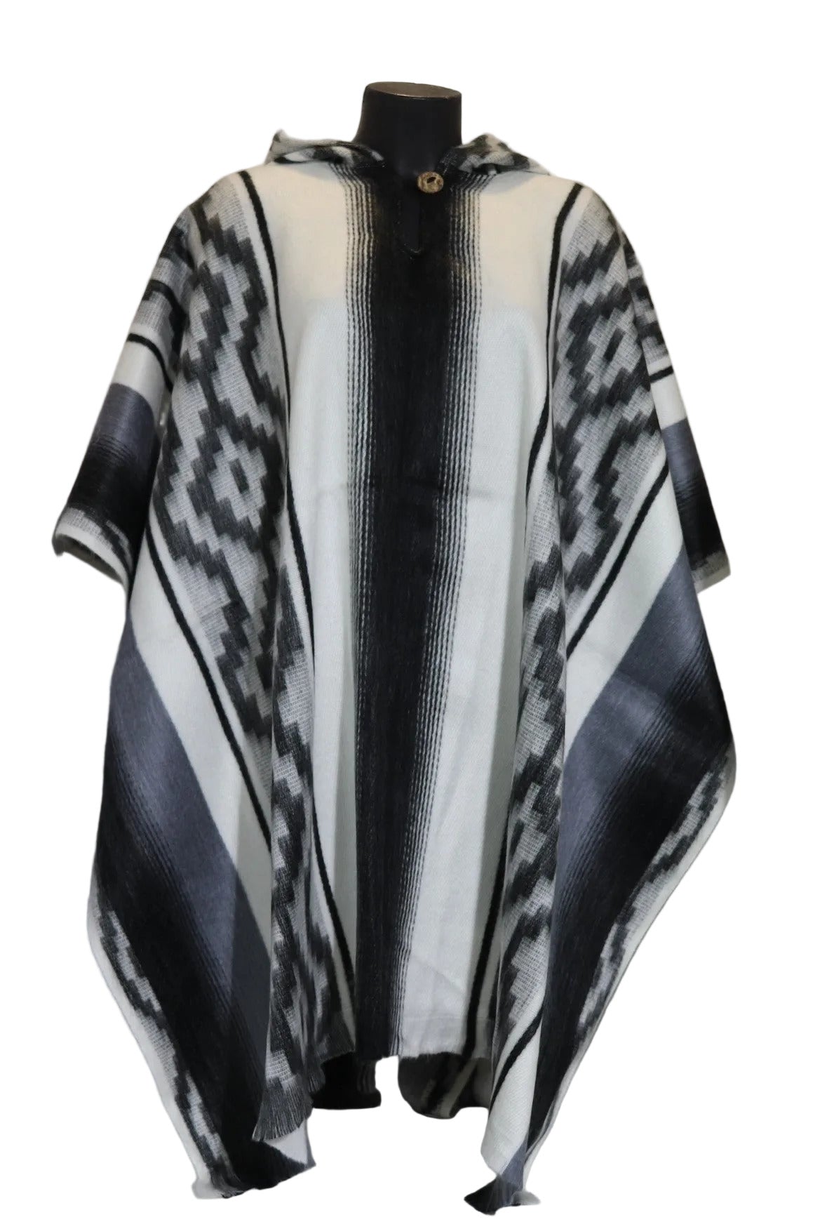 Poncho cerrado con capucha negro rayas grises