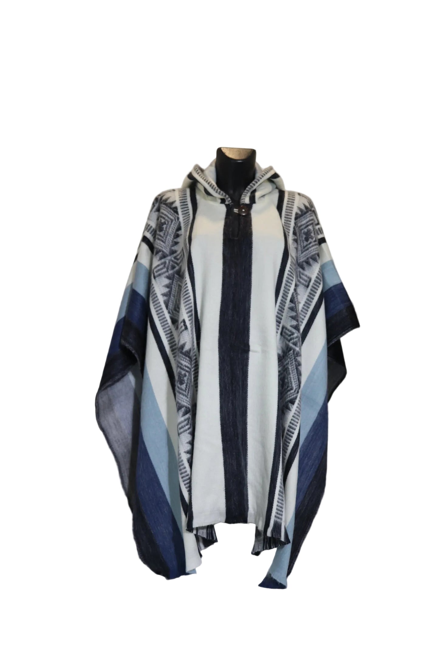Poncho cerrado con capucha diseño geométrico azul marino celeste