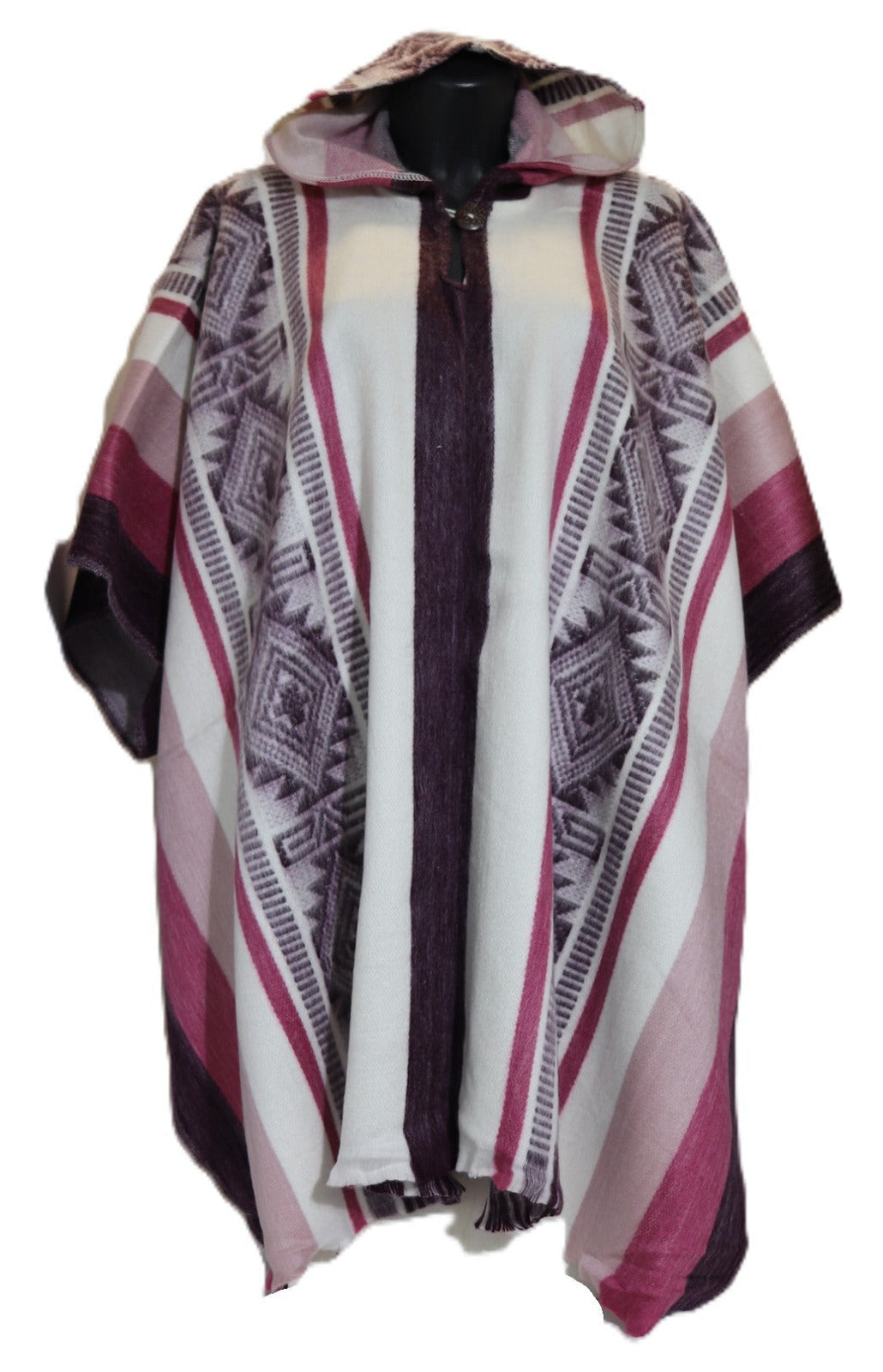 Poncho cerrado con capucha diseño geométrico fucsia rayas rosadas