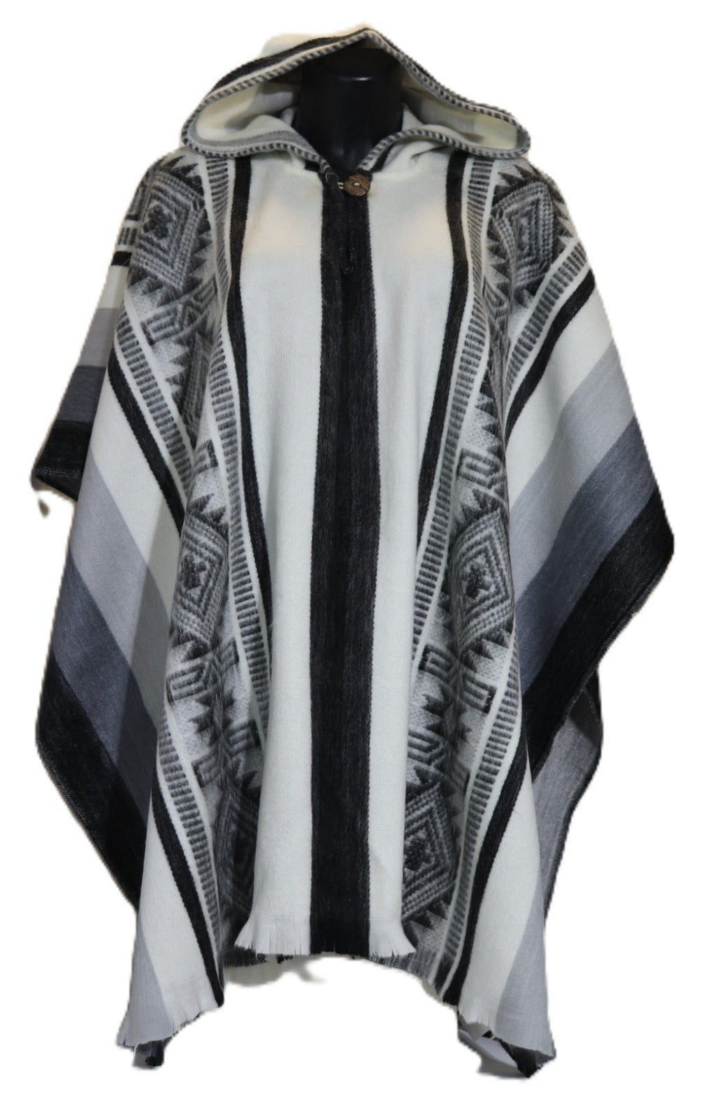 Poncho cerrado con capucha diseño geométrico negro-gris-oscuro