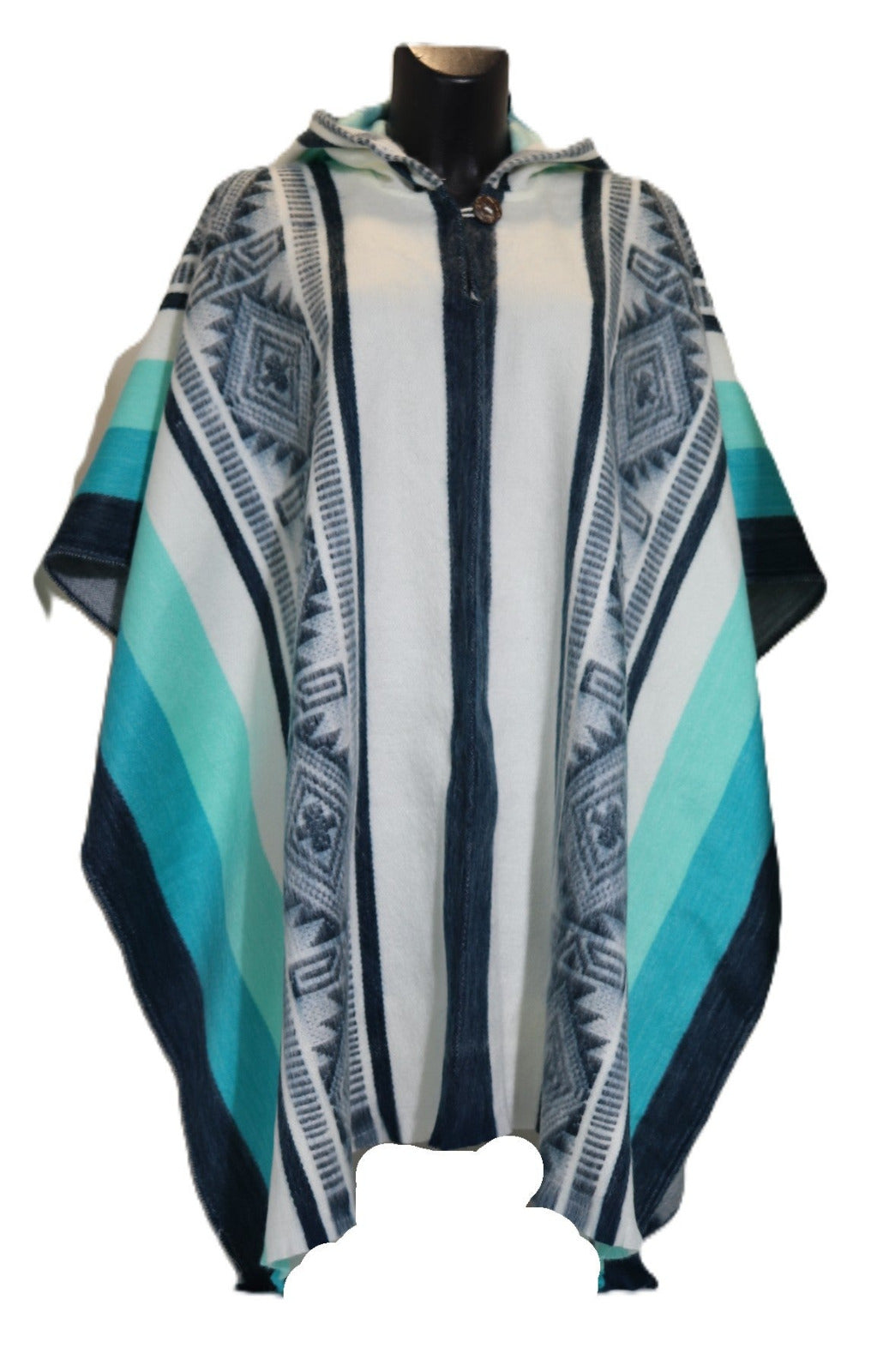 Poncho cerrado con capucha diseño geométrico petroleo turquesa celeste
